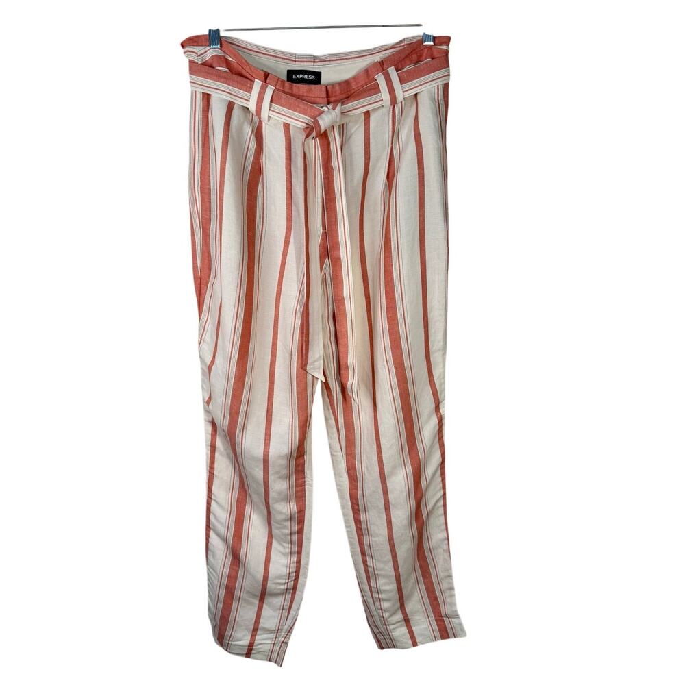 Express Linen Blend High Rise Ankle Pants Size 14 Long EUC Tie Waist Stripe